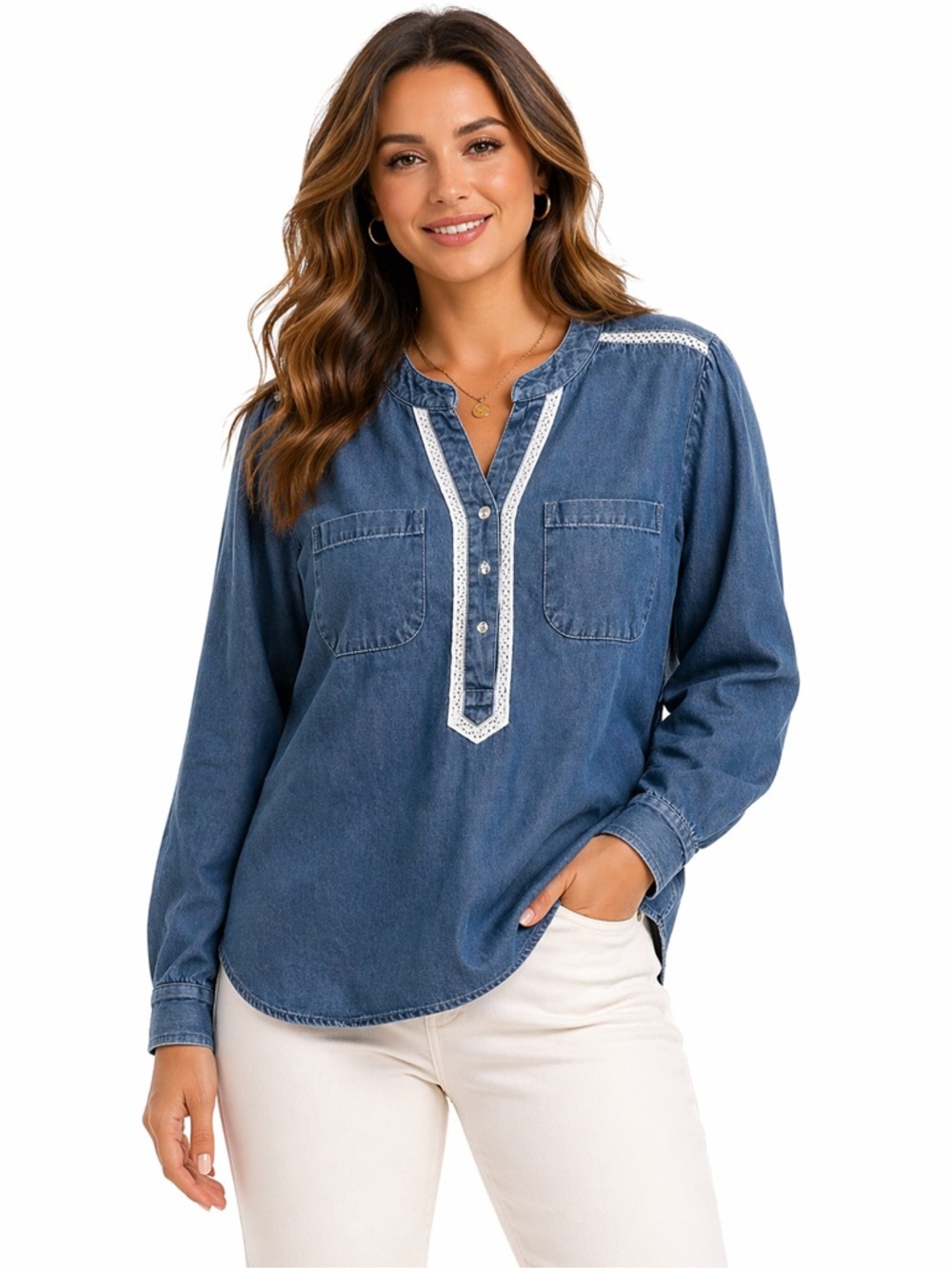 Vintage Country Store Size Large Chambray Denim &‎ Lace Blue Long Sleeve Top